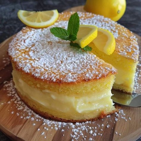 Ina Garten Recipes 🍟🍜🍕 | Lemon Custard Cake is a luscious and tangy dessert that perfectly balances the zesty brightness of lemons with the velvety richness of custard | Facebook Lemon Custard Cake Recipe, Lemon Custard Cake, Custard Cakes, Gf Cake, Lemon Breakfast, Custard Cake Recipes, Lemon Pudding Cake, Citrus Recipes, Cake 5