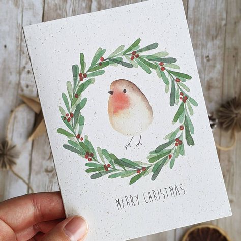 Watercolour Robin Wreath Merry Christmas Card By Callisto Design Co. | notonthehighstreet.com Watercolour Robin, Xmas Cards Handmade, Watercolor Christmas Cards Diy, Christmas Cards Drawing, Painted Christmas Cards, Christmas Robin, Christmas Illustrations, Christmas Card Art, Free Cards