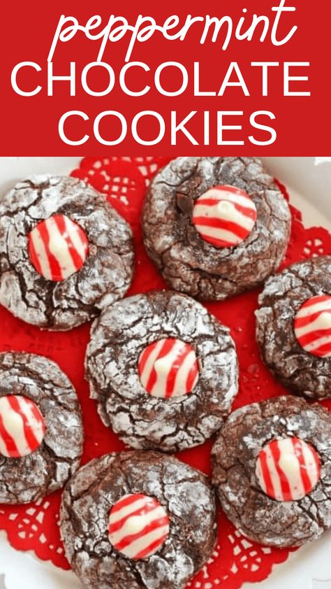 Chocolate Peppermint Kiss Cookies are soft and chewy chocolate cookies topped with a peppermint candy Hershey's Kiss. Perfect for the holidays. Peppermint Kiss Chocolate Cookies, Peppermint Hershey Kisses, Chocolate Peppermint Hershey Kiss Cookies, Mint Kisses Recipes, Chocolate Cookie With Peppermint Kiss, Hersheys Peppermint Kiss Cookies, Hershey Peppermint Kiss Cookies, Chocolate Peppermint Kiss Cookies, Chocolate Cookies With Peppermint Kisses