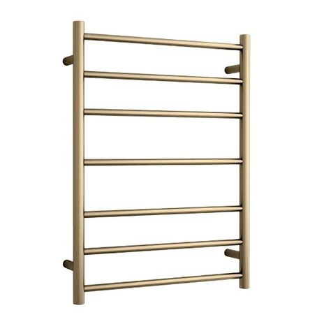 Heated Towel Rails are an affordable luxury for every bathroom for warming and drying your towels. The SR44MBB Heated Towel Rail is a 600x800mm 7 bar Brushed Brass ladder rail which features multiflex wiring. This size of the rail makes it ideal for holding two towels. The Brushed Brass finish is designed to provide a match to your Brushed Brass tapware. Brushed Brass Tapware, Brass Tapware, Towel Heater, Electric Towel Rail, Towel Ladder, Bathroom Design Trends, Heated Towel Rail, Heated Towel, Cost Saving