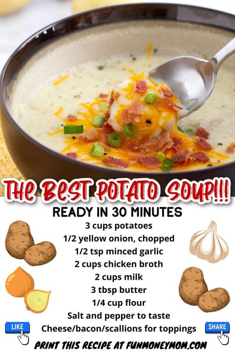 Homemade Potato Soup, Best Potato Soup, Potato Soup Easy, Homemade Soup Recipe, Crockpot Soup Recipes, Easy Dinner Recipe, Soup Recipes Slow Cooker, Potato Soup Recipe, Health Dinner Recipes