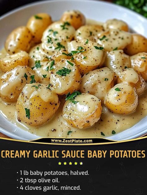 Creamy Garlic Sauce Potatoes, Cream Potatoes Recipe, Baby Potato Recipes, Meal Sides, Red Potato Recipes, Seafood Salad Pasta, Mom Meals, Potatoes And Rice, Creamy Potatoes