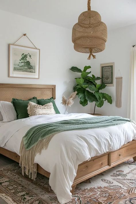 Boho chic bedroom combining elegant furniture with eclectic accessories and soft textures Small Bedroom Decor Ideas Minimalist, Bedroom White Green Wood, Modern Minimalist Boho Bedroom, Tropical Inspired Bedroom, Cozy Bedroom Wood, Boho Bed Ideas, Small Rustic Bedroom, Tiny Boho Bedroom, Green Minimalist Bedroom