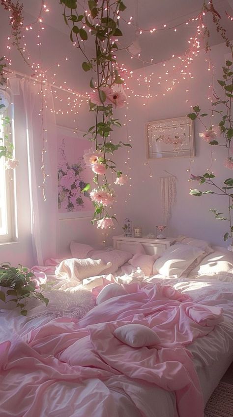 Apartment Inspo Cottagecore, Pretty Room Ideas Aesthetic, Soft Pink Aesthetic Room Decor, Softie Room Decor, Cottagecore Pastel Room, Bedroom Ideas Leaves, Pink Room Luxury, Pink Cottagecore Room Aesthetic, Pink Soft Room Aesthetic