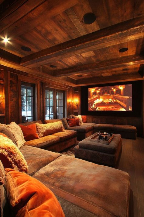 Create the Ultimate Movie Experience with Cozy Home Theater Ideas 🎬✨ Design a comfortable and stylish home theater for movie nights. Use plush seating, ambient lighting, and chic decor to create a cinematic atmosphere. 🌿🍿 #HomeTheater #CozyLiving #HomeDecor #MovieNight Cozy Home Theater, Cozy Cabin Interior, Home Theater Ideas, Home Theater Room Design, Theater Room Design, Log Cabin Living, Cabin Interiors, Home Theater Rooms, Cabin Living