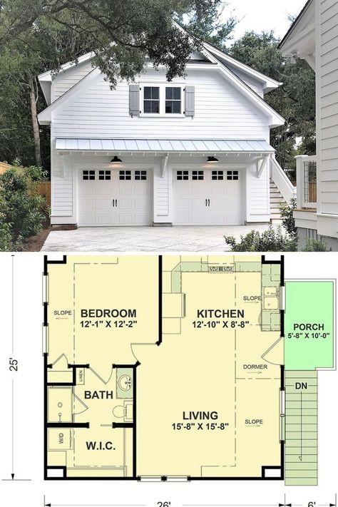 2 Story 2 Car Garage, Two Car Garage Apartment Interior, Garage Apartment Bathroom, Small Garage With Apartment, Garage Apartment Addition, 2 Car Garage Carriage House, Carriage House Interior Design, Coastal Carriage House, Garage Apartment Plans Single Story