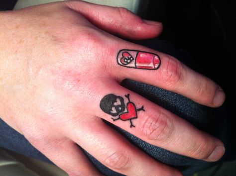 Little finger tattoos, skull and little pill Pill Tattoo Ideas, Pill Tattoo, Small Skull Tattoo, Forearm Tattoo Quotes, Tattoo Finger, Flower Wrist Tattoos, Forearm Sleeve Tattoos, Neck Tattoo For Guys, Small Love Tattoos