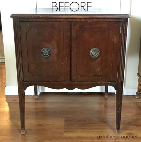 DIY record cabinet makeover repurposed to faux DIY card catalog with Chalk Paint - tutorial by Girl in the Garage Small Cabinet Makeover, Record Cabinet Makeover, Diy Card Catalog, Small Antique Cabinet, Sewing Cabinet Makeover, Small Side Cabinet, Entry Cabinet, Record Storage Cabinet, Shabby Chic Cabinet