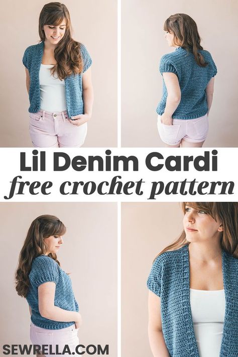 The lil denim cardigan is a comfy and cool crochet shrug that goes with everything! This easy garment has beginner stitches and cute cap sleeves with a simple ribbed edging. My free pattern is a quick project you have to add to your summer list of makes! #freepattern #cardigan #crochet #sweater Crochet Cap Sleeve, Crochet Cardigan Girl, Denim Cardigan, Cool Crochet, Summer List, Crochet Sweater Vest, Crochet Outfits, Baby Frock Pattern, Frock Patterns