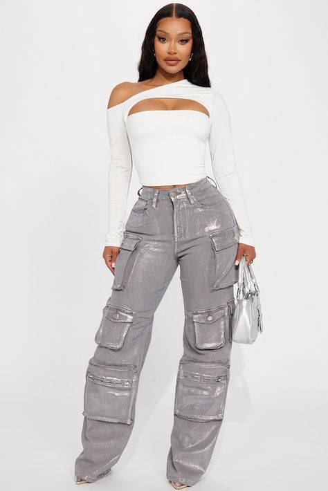 Women's Gimme What I Want One Shoulder Top in Ivory Size XS by Fashion Nova Baggy Cargo Jeans, Sneak Attack, Metallic Jeans, Fasion Outfits, Fashion Nova Outfits, One Shoulder Top, Cute Simple Outfits, One Shoulder Tops, Cargo Jeans