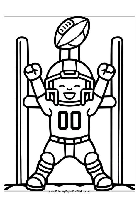 A football player celebrating a touchdown in front of goalposts. Superbowl Coloring Pages, Football Coloring, Football Coloring Pages, Free Football, Classroom Fun, Football Player, Creative Activities, Coloring Sheets, Free Printable