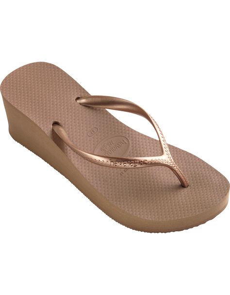 Havaianas Wedge in Rose Gold $38 Stylish Flip Flops, Gold Flip Flops, High Fashion Women, Havaianas Flip Flops, Flip Flops Style, Wedge Flip Flops, Wedges Style, Womens Sandals Wedges, Nike Shoes Women