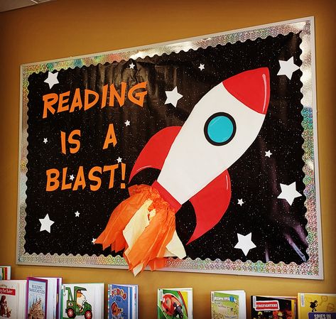 Reading is a Blast! rocket ship bulletin board - library Summer Reading Program 2019 Rocket Ship Bulletin Board, Rocket Bulletin Board, Space Bulletin Board Ideas, Bulletin Board Template, Space Bulletin Boards, Space Theme Classroom, Corridor Decor, Reading Display, Library Bulletin Board