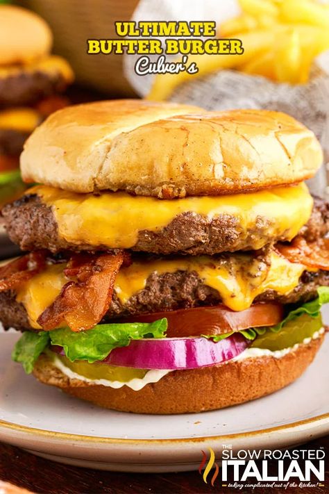 Wisconsin Butter Burger Recipe, Butter Burger, Picnic Side Dishes, Slow Roasted Italian, Butter Burgers, The Slow Roasted Italian, Bacon Tomato, Gourmet Burgers, Hamburger Recipes