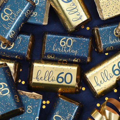 Blue and Gold 60th Birthday Candy Wrappers for Miniature Chocolate Bars, Happy 60th Birthday Party Favors for Him, Dad - 45 Count Stickers by Distinctivs on Etsy Blue And Gold Birthday, Adult Birthday Decorations, Miniature Chocolate, Birthday Kiss, 60th Birthday Decorations, Milestone Birthday Party, Gold Foil Design, Navy Blue And Gold, Happy 60th Birthday