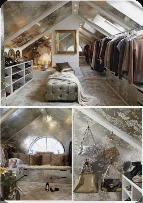 Dressing Room In Attic, Mansion Attic, Charmed Attic, Attic Closet Ideas Angled Ceilings, Attic Closet Ideas, Master Attic Bedroom Ideas Angled Ceilings, Master Attic Bedroom, Bungalow Bedroom, Attic Closet