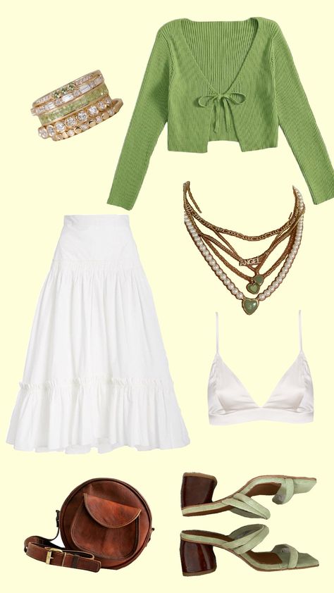 Tie Cardigan Outfit, White Tiered Skirt, Layered Gold Jewelry, Tie Cardigan, White Long Skirt, Brunch Date, Tie Front Cardigan, Cardigan Outfits, Green Outfit