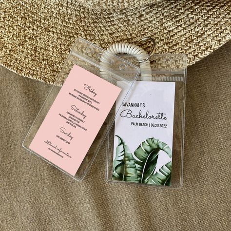 Bachelorette Card, Hotel Key Cards, Hotel Welcome Bags, Tropical Bachelorette, Bachelorette Itinerary, Welcome Bag, Bachelorette Favors, Weekend Itinerary, Banana Leaves