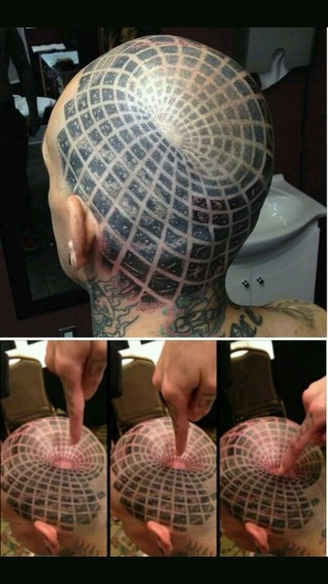 Cool head piece. Tattoos Masculinas, Tatoo 3d, Optical Illusion Tattoo, Trash Polka Tattoo, Cool Optical Illusions, Geniale Tattoos, Weird Tattoos, 3d Tattoos, Shoulder Tattoos For Women