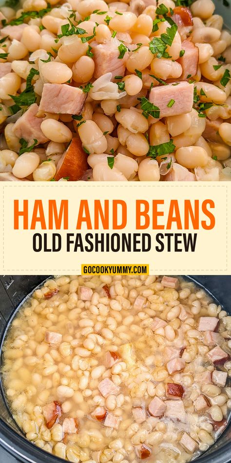 Let Old Fashioned Ham and Beans Stew transport you to a world of comforting, timeless flavors. With its simple yet satisfying combination of ham, beans, garlic, and onion, this dish has been a favorite for generations. It's the perfect choice for cold days when you need a bowl of nostalgia to warm your heart. Whether you're using a slow cooker, stovetop, or pressure cooker, the result is a delicious, soul-nourishing meal that brings back cherished memories of family gatherings. Ham And Beans Stovetop Dry Beans, Northern Beans And Ham Stovetop, Ham And Beans Stovetop, Old Fashioned Ham, Navy Beans And Ham, Ham Beans, Beans Stew, Beans In Crockpot, Homemade Ham