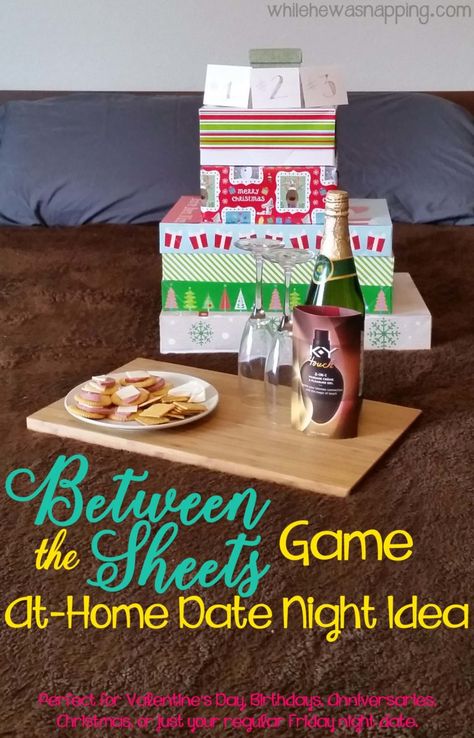 Between the Sheets Game: At Home Date Night Idea | While He Was Napping Between The Sheets Game, Couples Games, At Home Date Night, Home Date Night, Make Your Own Game, Valentines Date Ideas, At Home Dates, Night Recipes, Date Night Recipes