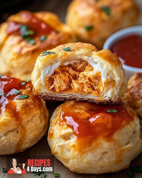 Buffalo Chicken Biscuit Bombs Chicken And Buscuits, Buffalo Chicken Cups, Pillsbury Biscuit Recipes, Chicken Puffs, Chicken Biscuit, Spicy Buffalo Chicken, Chicken Balls, Autumn Afternoon, Chicken And Biscuits