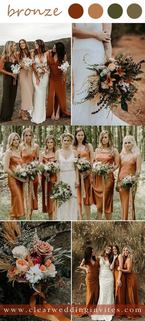 Trends for 2023-Different Rust-Colored Wedding Palettes to Inspire – Clear Wedding Invites July Wedding Colors, September Wedding Colors, Boho Wedding Colors, Fall Wedding Color Schemes, Bronze Wedding, Wedding Color Pallet, Fall Wedding Color Palette, Fall Bridesmaids, Wedding Motifs