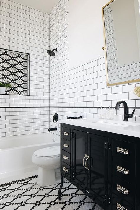 Restoration Hardware Pharmacy Single Vanity completed with a white quartz countertop, an oil-rubbed bronze faucet and a brass pivot mirror in a transitional bathroom. White Hexagon Floor, Florida Bathroom, Shower Accent Tile, Black Clawfoot Tub, Bathroom Downstairs, Pivot Mirror, Lovely Interior, Mom Cave, French Bathroom