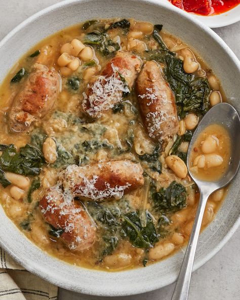 Sausage, Greens and Beans - Gluten-Free | PrimalGourmet Primal Gourmet, Greens And Beans, Autumn Cooking, Magical Fruit, Gluten Free Sausage, Fall Eats, Homemade Beans, Beans And Sausage, Homemade Chicken Stock