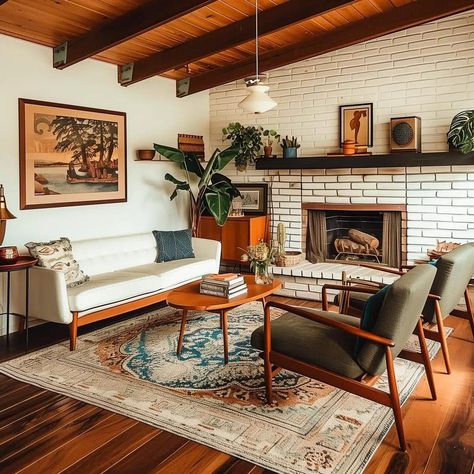 Mid Century Modern Fireplace Decor, Modern Cabin Living Room Ideas, Mcm Living Room With Fireplace, Living Room Midcentury Modern, Midcentury Modern Living Room Decor, Midcentury Modern Fireplace, Small House Decor, Cozy Mid Century Modern Living Room, Mcm Architecture