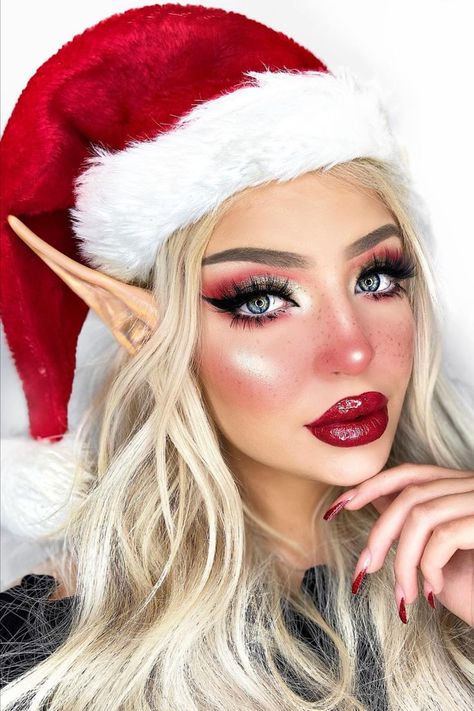 fun Christmas makeup looks Easy Christmas Makeup, Christmas Elf Makeup, Holiday Makeup Christmas, Christmas Makeup Looks, Christmas Makeup Ideas, Xmas Makeup, Christmas Elf Costume, Christmas Eye Makeup, Christmas Makeup Look