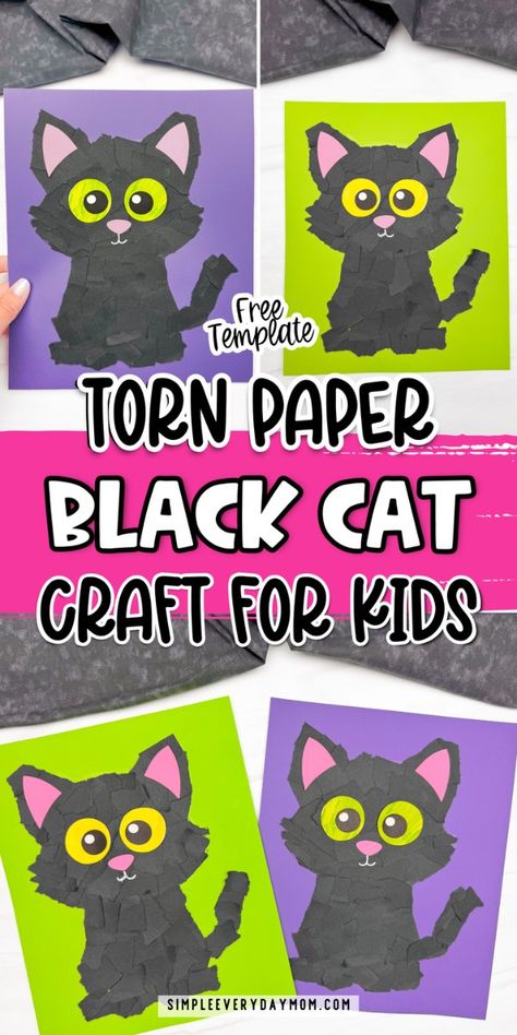 Black Cat Torn Paper Craft (Free PDF Template) Paper Craft Easy, Mummy Crafts, Kids Craft Supplies, Paper Bag Puppets, Halloween Idea, Holiday Crafts Diy, Craft Easy, Cup Crafts, Toilet Paper Roll Crafts