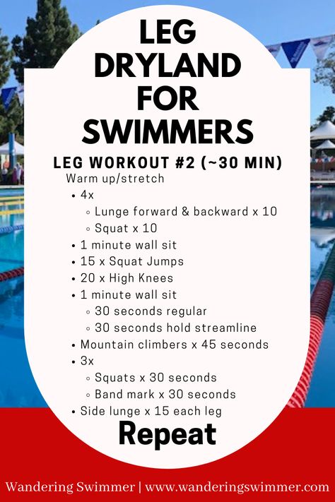 You don't need a kick set in the pool to work your legs. This workout will get your legs burning and your heart rate up! Leg Workouts For Swimmers, Swim Workout Dryland, Lifeguard Workout Training, Gym Workout For Swimmers, Exercise For Swimmers, Arm Workout For Swimmers, Swimming Dryland Workout Exercises, Dry Land Workouts For Swimmers, Lane Swimming Workout