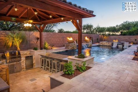 Small Pool And Outdoor Kitchen Ideas, Pool And Grill Outdoor Spaces, Swim Up Bar Pool, Swimming Pools Backyard Landscape, Outdoor Kitchen And Pool, Oregon Backyard, Richmond Apartment, Arizona Backyard, Dream Backyard Pool