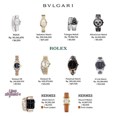 Lisa Watch Collection Lisa Rolex Watch, Lisa Watch Collection, Fancy Watches For Women, Bvlgari Watch Women, Watch Women's Classy, Lisa Watch, Elegant Watches Women, Capsule Wardrobe Jewelry, Bvlgari Watch