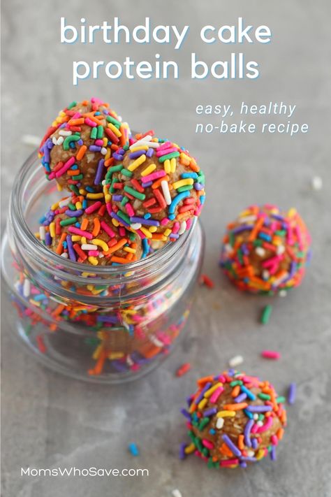 https://momswhosave.com/birthday-cake-protein-balls/ Birthday Cake Protein Balls, Birthday Cake Balls, Healthy Birthday Cake Recipes, Cake Protein Balls, No Bake Protein Balls, Ball Birthday Cake, Healthy Birthday Cake, Birthday Dinner Recipes, Birthday Cake Protein