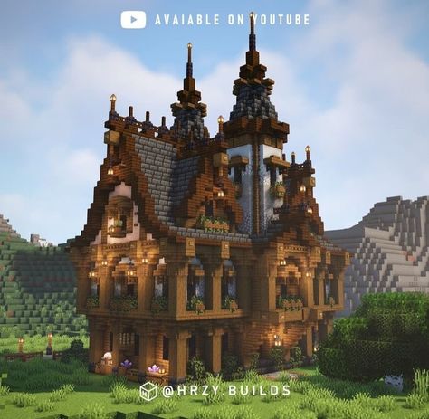 Medieval Mc House, Dark Oak And Spruce Minecraft House, Mideaval Minecraft House, Minecraft Base Ideas Survival Layout, Minecraft Building Ideas Castle, Minecraft Dark Academia, Casa No Minecraft, Minecraft Medieval House Ideas, Minecraft Medieval Builds