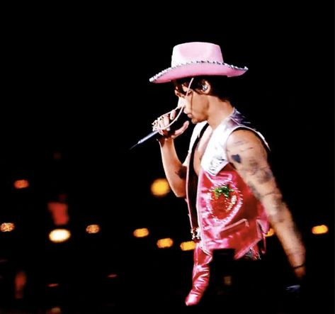 Harry Styles Coachella Weekend 2, Cowboy Outfit Men, Harry Styles Love On Tour Outfits, Harry Styles Coachella, Coachella Weekend 2, Coachella 2022, Strawberry Outfit, Love On Tour Outfits, Pink Cowboy Hat