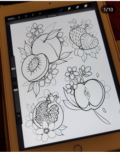 Fruit Tattoo Stencil, Tattoo Portfolio Ideas Art Students, Neo Traditional Stencil, Flower And Fruit Tattoo, Neotraditional Flash Sheet, Neo Traditional Flash Sheet, Neotraditional Tattoo Flash Sheet, Neotraditional Linework, Neotrad Flash