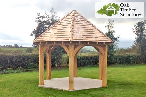 Oak Garden Structure, Gazebo Circular, Octagonal Gazebo, Oak Frame Garden Gazebo, Wooden Garden Gazebo, Joinery Projects, Oak Gazebo, Garden Shelter, Back Garden Design