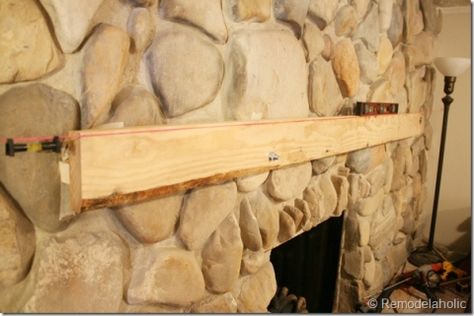 Installing a wood mantel on a stone wall (23) Diy Mantle Shelf, Chimney Mantel, Mantel Installation, Mantel Makeover, Diy Fireplace Mantle, Diy Mantle, Diy Fireplace Mantel, Diy Wood Plans, Floating Mantel