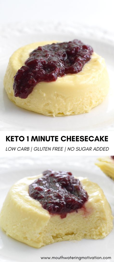 Keto 1 Minute Cheesecake. Soft, creamy, rich keto cheesecake ready in a minute or less. This keto cheesecake is made in a mug using the microwave. It also only uses 5 ingredients! Top with homemade strawberry sauce, raspberry preserves or whatever you'd like. Either way it's delicious! Cheesecake In A Mug, Desserts Keto, Keto Lasagna, Postre Keto, Keto Mug Cake, Keto Cake, Keto Dessert Easy, Low Carb Sweets, Mug Recipes