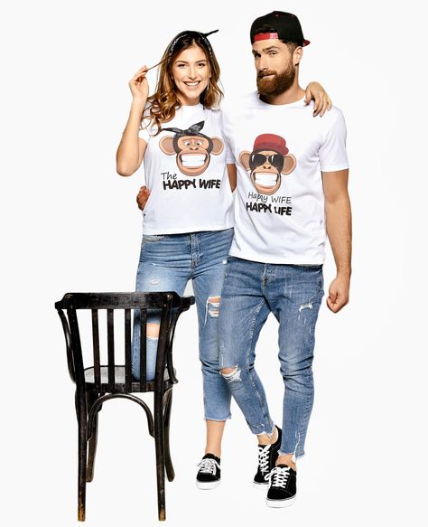 Woman Printed T-Shirt HAPPY LIFE Casual T-shirt With Graphic Print For Family, Family Matching Cartoon Print T-shirt For Summer, Cute Cartoon Print Family T-shirt, Hubby And Wifey Shirts, Cotton T-shirt With Character Print For Family, Couple Shirts Matching, Family Cartoon Print Cotton T-shirt, Matching Couple Outfit, Mr And Mrs Shirts