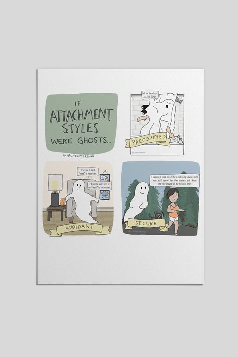 A 🕸️spooky 🕸️ take on attachment styles, illustrated as ghosts. 👻 Attachment Styles Illustration, Mental Health Symptoms, Art Teaching Resources, Mental Health Education, Manipulative People, Web Comic, Counseling Psychology, Style Pictures, Attachment Styles