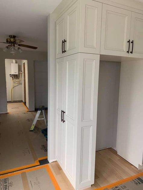 Broom closet on outside of refrigerator Broom Closet Next To Refrigerator, Broom Closet End Of Fridge, Broom Closet On Side Of Fridge, Cabinet Doors On Broom Closets, Refrigerator Broom Closet, Narrow Cabinet Side Of Refrigerator, Tall Narrow Fridge, Kitchen Built In, Broom Closet