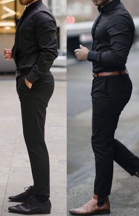 Men’s Black Semi Formal Outfit, Men’s Black Slacks Outfit, Mens Business Casual Black Pants, Black Slacks Outfit Casual Men, Men’s Black Dress Pants Outfit, Black Formal Pants Outfit Men, Mens Black Dress Shirt Outfit, Trapezoid Body Shape Men Clothing, Black Dress Shirt Outfit Men