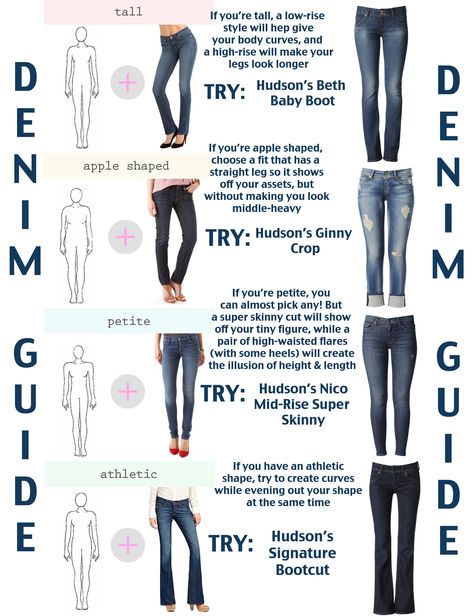 Denim Guide / Tall, Appled Shaped, Petite, Athletic.   Tips for your type! Outfit Ideas For Petite Women Body Types, Best Fit Jeans For Women Body Types, Petite Apple Body Shape Outfits, Best Jeans For Inverted Triangle Shape, Size 6 Outfits Women, Best Jeans For Body Type Hourglass, Hourglass Jeans Guide, Jeans According To Body Shape, Apple Body Shape Fashion