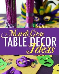 Mardi Gras table decorations I Get in the festive spirit with these fun centerpieces and napkin holders. Mardi Gras Table Decorations, Napkin Ring Ideas, Mardi Gras Diy, Mardi Gras Party Decorations, Madi Gras, Mardi Gras Wedding, Mardi Gras Centerpieces, Louisiana Mardi Gras, Mardi Gras Crafts