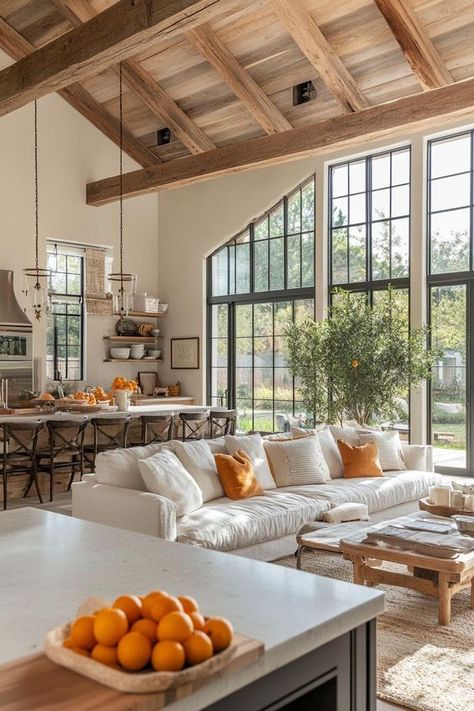 Farmhouse Midcentury Modern, Rustic Modern Farmhouse Interior, Modern Rustic Farmhouse Interior, Rustic But Modern Home, Dream House Modern Farmhouse, Open Family Room Ideas, Belgium Farmhouse Style, Contemporary Ranch Home Interior, Different Style Homes Interior Design