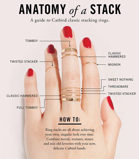 Anatomy of a Stack - Collections - Catbird How To Stack Rings, Jewelry Rules, Ring Combos, Chic Tomboy, Wear Rings, Hand Jewelry Rings, Styling Jewelry, Stacked Rings, Jewelry Layering